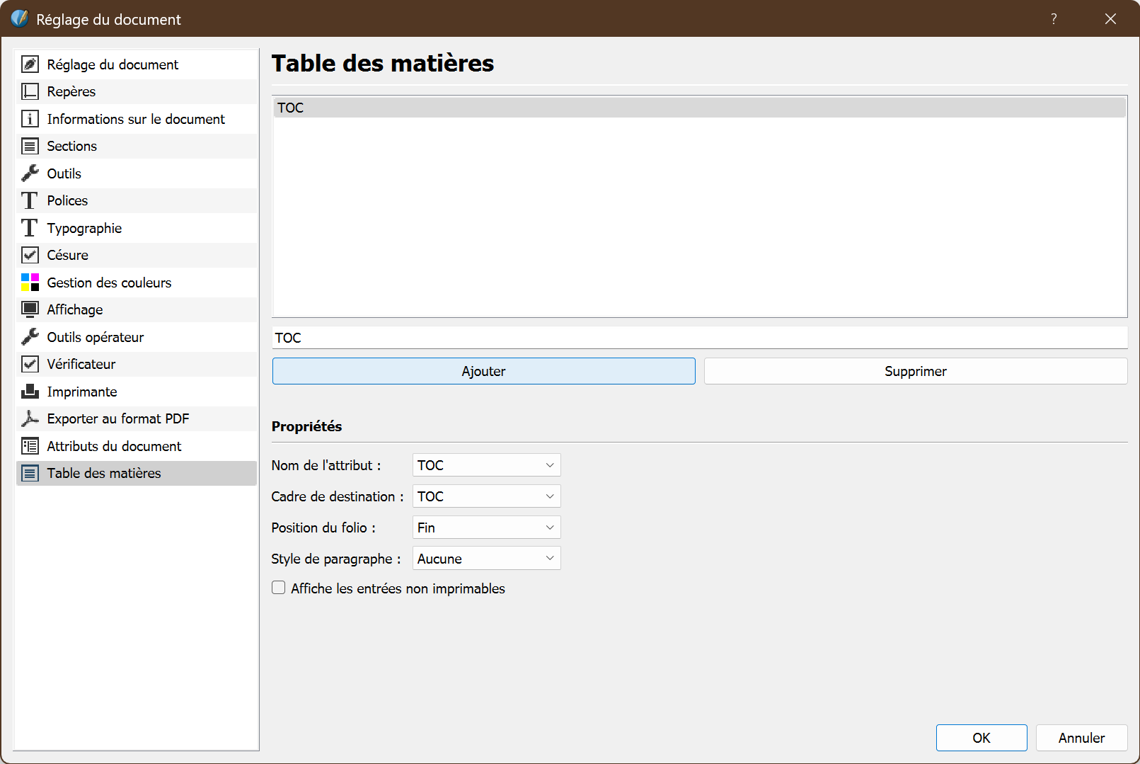 Reglage table des matieres